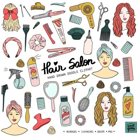 Stylish and unique hand-drawn hairdresser clip art and doodle stickers for beauty salon planners, scrapbooking, journaling, and other creative.#HairInspo #ClipartCuts #HairstyleGraphics #HairArtDesigns #ClipartTrends Nail Salon Drawing, Hair Salon Illustration, Hair Stickers, Free Hairstyles, English Everyday, Hairdressing Equipment, Painting Signs, Doodle Stickers, Hair Clipart