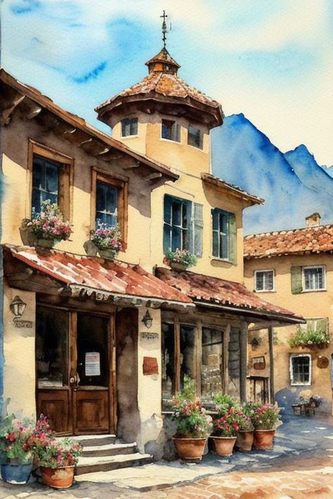 Watercolor painting on rough textured paper. Inviting scene of an old coffee shop nestled on a charming, narrow cobblestone street with rustic flower pots, mountains on background, panoramic view, detailed, vintage, masterpiece, high detail watercolor, muted colors, aquarelle watercolor sketch, wet brush effect, wet on dry, cold pressed watercolor, paper effect, watercolor etude, forest art, loose painting style https://apps.apple.com/us/app/genzart-ai-art-generator/id1669915100 Vintage Watercolour Painting, Loose Sketching Watercolor Painting, Street Coffee, Stone Street, Street Painting, Rustic Flowers, Forest Art, Luxury House Designs, Watercolor Sketch