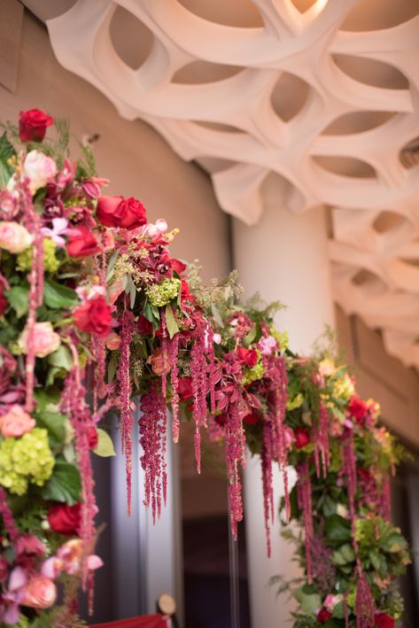 Hanging Amaranthus Wedding Arch, Amaranthus Flower Arrangement, Hanging Amaranthus Wedding, Amaranthus Wedding, Amaranthus Bouquet, Hanging Amaranthus, Raspberry Wedding, Storybook Gardens, Beach Wedding Arch