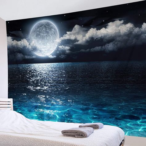 Ocean Tapestry, Moon Sea, Indie Decor, Tapestry Room, Fiber Wall Hanging, Tranquil Bedroom, Tapestry Nature, Wall Art For Bedroom, Moon Tapestry