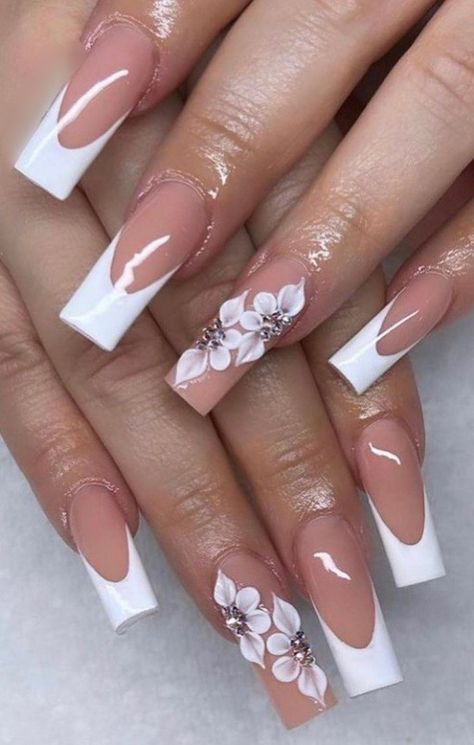 Long Acrylic Nails 3d Flower, 3d Flower Nails, Simple Acrylic, Long Acrylic Nail Designs, Nails Design With Rhinestones, Girly Acrylic Nails, French Tip Acrylic Nails, Long Acrylic Nails Coffin, Acrylic Nails Coffin Pink