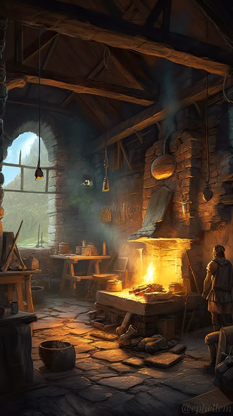 Armoury Room Fantasy Art, Fantasy Smithy Concept Art, Fantasy Forge Art, Blacksmith Workshop Concept Art, Fantasy Workshop Concept Art, Dnd Backgrounds Art, Fantasy Forge Concept Art, Taverna Medieval, Medieval Environment