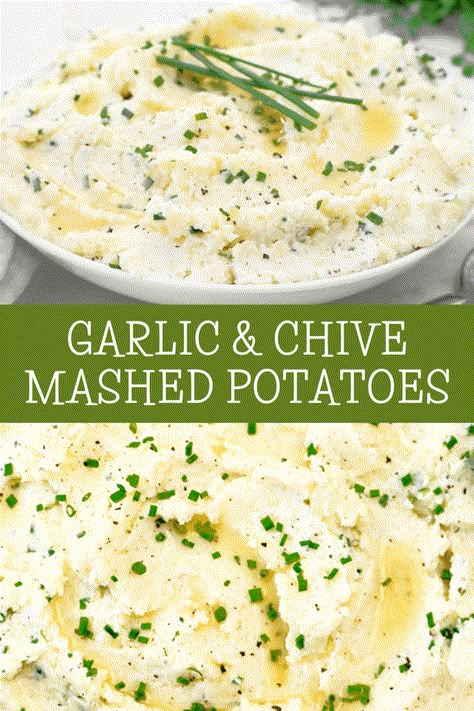 Garlic and Chive Mashed Potatoes ~ Creamy mashed potatoes infused with garlic and fresh chives. Easy side dish for the holiday table! Garlic Chive Mashed Potatoes, Mashed Potatoes With Chives, Chive Mashed Potatoes Recipe, Chive Potatoes, Best Garlic Mashed Potatoes, Mashed Potatoes Creamy, Chive Mashed Potatoes, Garlic Herb Mashed Potatoes, Healthy Mashed Potatoes