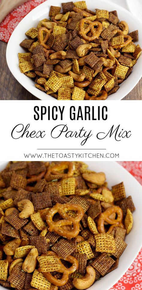 Spicy Garlic Chex Mix by The Toasty Kitchen #chexmix undefined #recipeoftheday #snacks #snackrecipes #spicygarlic #snackgoals Savory Trail Mix Recipes, Savory Chex Mix Recipes, Savory Chex, Savory Chex Mix, Spicy Chex Mix, Chex Snack Mix, Chex Mix Recipe, Chex Party Mix, Trail Mix Recipes