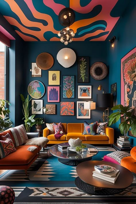 Eccentric Style House, Colorful Walls Home, Classy Maximalist Decor, Color Pop Interior Design, Bold Colorful Living Room, Bold Home Design, Colourful Fireplace, Unique Interior Design Creative, Starter Home Decor