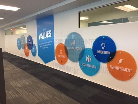 Mission Vision Values Design Wall, Values Wall Office, Office Values Wall, Creative Office Wall Design, Company Values Wall Design, Our Values Design, Corporate Values Wall, Office Signage Entrance, Corporate Wall Design