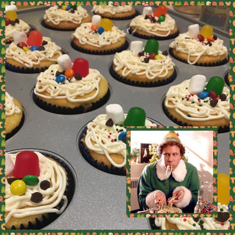 Elf Dinner Party, Elf Movie Cupcakes, Elf Holiday Party Ideas, Christmas Movie Desserts, Elf Spaghetti Cookies, Elf Desserts Buddy The, Elf Themed Birthday Party, Elf Movie Themed Party Food, Elf Family Movie Night