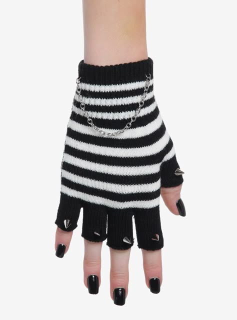 Every baddie needs a pair of fingerless gloves! These black and white striped ones feature chain detailing at the wrist and spike accents on the fingers.100% acrylicImported Emo Fingerless Gloves, Baddie Needs, Aesthetic Gloves, Black And White Gloves, Mcu Shifting, Fingerless Gloves Black, Striped Gloves, Scene Accessories, Goth Shoes