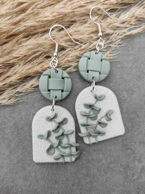 Basket Weave Polymer Clay Earrings, Nature Clay Earrings, Statement Clay Earrings, Boho Polymer Clay Earrings, Eucalyptus Arch, Clay Leaf Earrings, Green Clay Earrings, Green Polymer Clay Earrings, Earring Business