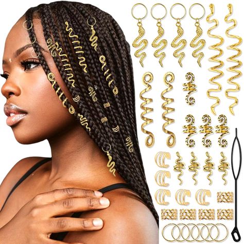 PRICES MAY VARY. Package Contains:40pcs gold snake loc jewelry and hair cuffs rings you will get.Enough quantity allow you to have different stylish hairstyle,giving you fun wearing experience. Good Quality:These gold dreadlock hair charms are made of high-quality metal alloy,which makes our product has glossy surface,sturdy and durable.Not easily broken and can be used for a long time. Wide Application:Stylish loc dreadlock jewelry are perfect decoration for women's braids,allows you to have mo Hair Accessories For Black Women, Loc Jewelry Hairstyles, Viking Hair Accessories, Braids Jewelry, Loc Accessories, Hair Jewelry For Braids, Dreadlock Hair, Fancy Glasses, Snake Hair