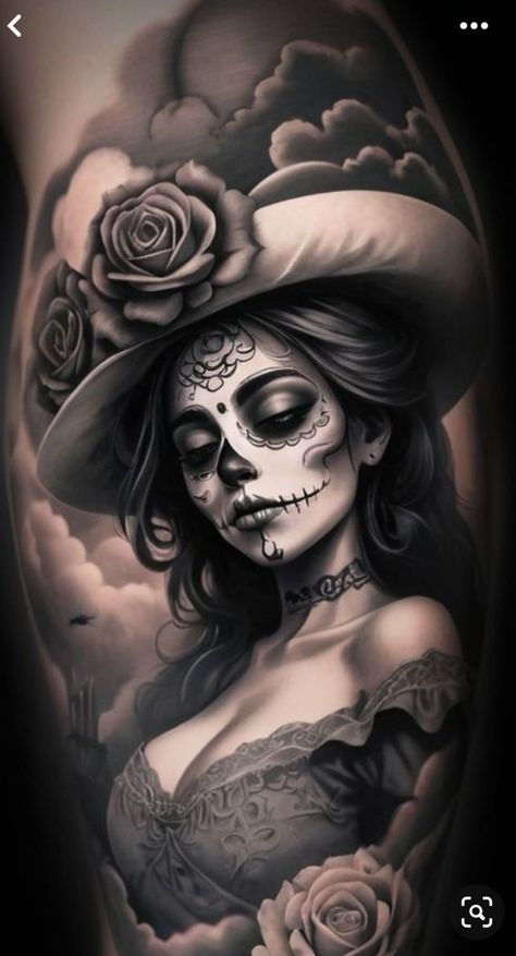 Mexican Traditional Tattoo Sleeve, Spanish Woman Tattoo, Tattoo Mexican Culture, Cholo Art Tattoo, Mexico Tattoo Ideas For Women, Female Sugar Skull Tattoo, Latina Tattoo Ideas Mexican Art, Charra Tattoos Mexican, Chicano Rose Tattoo