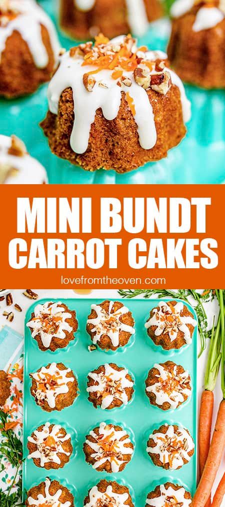 Carrot Mini Bundt Cakes • Love From The Oven Mini Bundt Cakes Carrot Cake, Mini Cinnamon Roll Bundt Cakes, Gourmet Bundt Cakes, Mini Bundt Carrot Cake Recipes, Mini Pan Desserts, Small Bundt Cakes Minis, Mini Carrot Cake Loaves, Easter Mini Bundt Cakes, Mini Bundt Pan Recipes