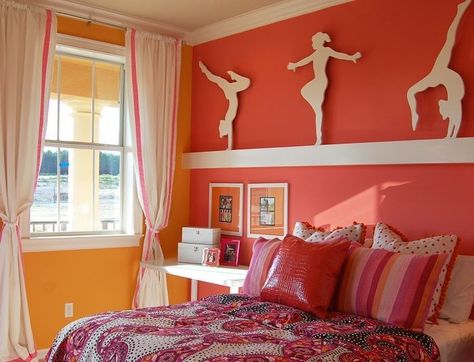 Lovely color, and metal cutouts for a Gymnasticts lover's room :) Gymnastics Bedroom, Dance Bedroom, Sports Themed Bedroom, Gymnastics Room, Dance Rooms, Teen Girl Bedroom, Bedroom Photos, Traditional Bedroom