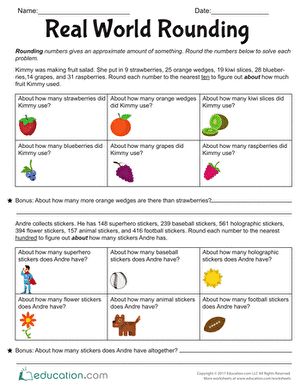 Why do we round numbers? Provide some real world context to help your students understand and practice rounding whole numbers.  Want more practice rounding numbers? This worksheet can be used with the lesson Jump-a-Round. #educationdotcom Rounding Decimals Worksheet, Decimal Practice, Rounding Worksheets, Rounding Whole Numbers, Number Sense Worksheets, Rounding Numbers, 4th Grade Math Worksheets, 3rd Grade Math Worksheets, Whole Numbers