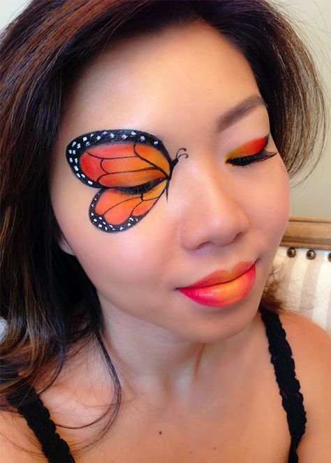 monarch butterfly eye Ombre Lipstick, Fantasy Make-up, Butterfly Face Paint, Halloween Make-up Looks, Animal Makeup, Butterfly Eyes, Butterfly Makeup, Butterfly Face, Face Painting Easy