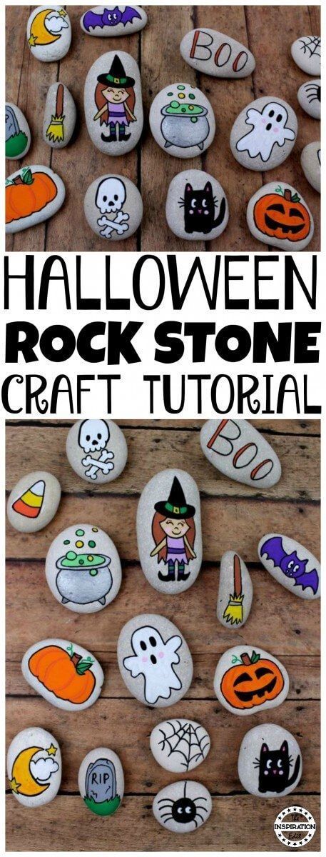 Halloween Rock Painting Idea For Kids · The Inspiration Edit Halloween Rock Painting, Halloween Painted Rocks, Fall Rocks, Rock Painting Idea, Fairy Halloween Costumes, Story Stone, Story Stones, Halloween Rocks, Painted Rocks Kids