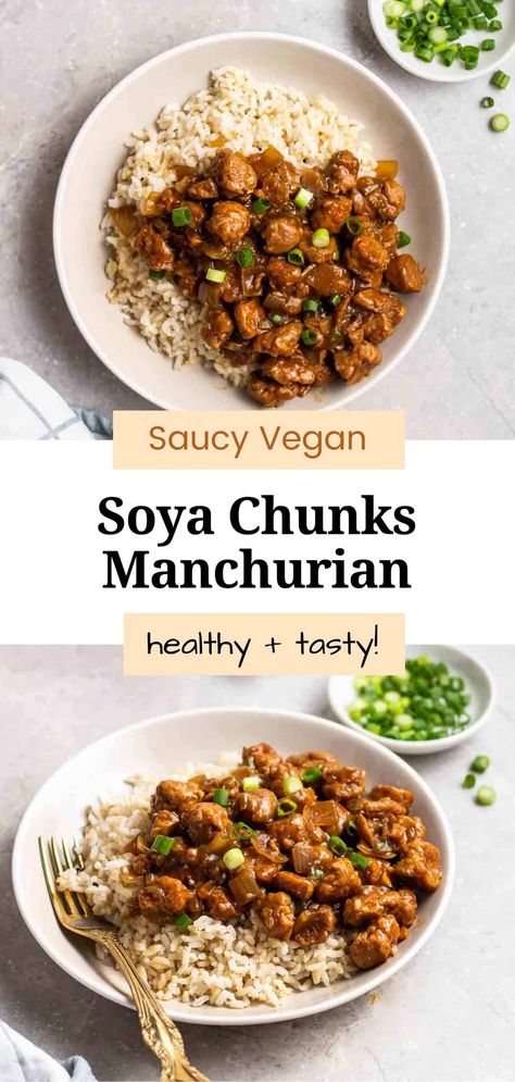 Featuring golden soya chunks cooked in a delicious rich gravy, this soya chunks Manchurian will be your next favorite dish! It is jam-packed with flavors, savory and mildly spicy. Easy to make and ready in 30 minutes. Soy Chunk Recipes, Soya Meat Recipes, Soy Meat Recipes, Minced Soya Recipes, Soy Chunks Recipes Vegan, Soy Chunks Recipes, Soya Bean Recipes, Soya Chunks Recipe Indian, Dried Soya Chunks Recipes