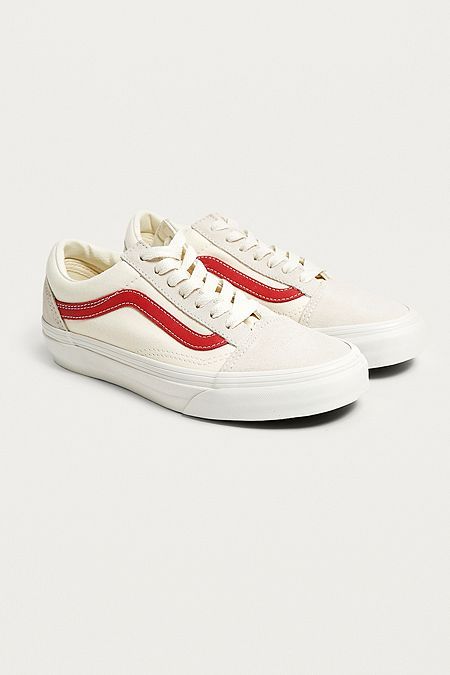 Vans Old Skool White and Red Trainers Vans Old Skool White, Vans Authentic Shoes, Womens White Trainers, Red Trainers, Red Vans, Dream Fashion, Shoes Collection, Vans Shop, Walking Boots