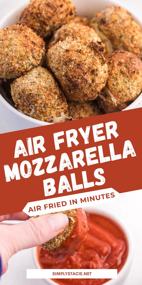 Two image collage of Air Fryer Mozzarella Balls. First image shows them in a white bowl. Second image shows a hand dipping a cheeseball into pizza sauce. Crispy Mozzarella Balls, 3 Ingredient Mozzarella Balls, Small Mozzarella Balls, Mozzarella Appetizer Ideas, Air Fried Mozzarella Balls, Mozzarella Balls Air Fryer, Appetizers Mozzerella Balls, Air Fryer Pizza Balls, Recipes With Fresh Mozzarella Balls