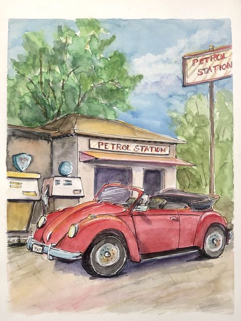 Tent Drawing, Beetle Painting, Beetle Drawing, Landscape Portfolio, Red Beetle, Volkswagen Aircooled, Painted Cards, Vw Art, Beetle Car