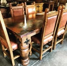 Hacienda Copper Top 72'' 7pc Dining Set Tv Game Room, Mexican Style Furniture, Western Dining Room, Farm Table Dining Room, Ranch Style Decor, Long Dining Room Tables, Big Dining Table, Old Wood Table, Rustic Farmhouse Dining Table