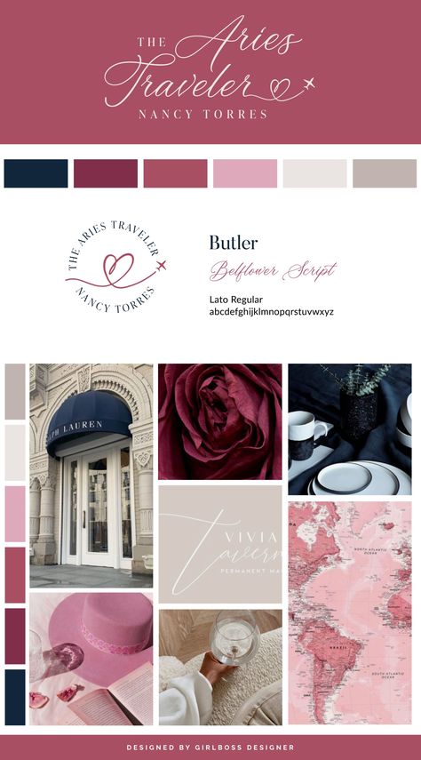 Navy Complimentary Colors, Maroon Pink Aesthetic, Luxury Pink Color Palette, Pink Maroon Color Palette, Maroon Branding Design, Burgundy Branding Board, Navy And Pink Branding, Neutral Branding Color Palette, Pink And Purple Branding Board