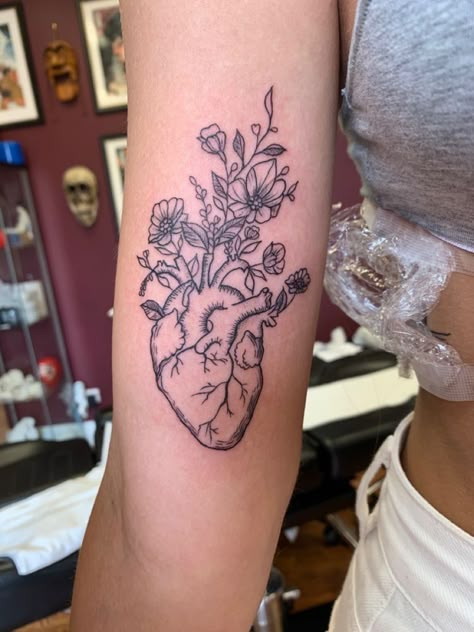 Anatomical Heart Tattoo With Roses, Flowers Coming Out Of Heart Tattoo, Anatomy Inspired Tattoos, Heart With Plants Tattoo, Mini Sleeve Tattoo Women, Floral Anatomical Heart Tattoo, Heart W Flowers Tattoo, Anatomical Heart Flower Tattoo, Cardiology Tattoo