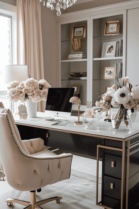 Boho Glam Office Decor, Feminine Office Decor Ideas, Office Ideas Women, Feminine Home Office Classy, Classy Office Decor, Womens Home Office, Feminine Home Office, Feminine Home Office Ideas, Feminine Home