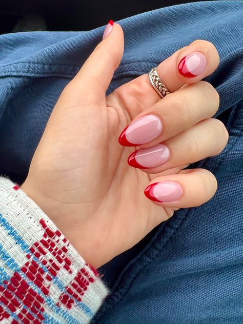 Red Nails French Tip, Chiefs Nails, Red Nails French, Nails French Tip, Vday Nails, Simple Acrylic Nails, Nails Red, Unique Acrylic Nails, Nails French