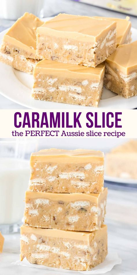 This easy, no-bake Caramilk Slice is sweet and chewy with a delicious caramel white chocolate flavor. If you're a fan of the Cadbury chocolate bar - then this is the perfect slice recipe. #caramilk #whitechocolate #australian #aussie #slice #nobake #recipe from Just So Tasty No Bake Slices, Caramel Treats, Slice Recipe, Chocolate Slice, Caramel Slice, Tray Bake Recipes, How To Make Caramel, Cadbury Chocolate, Caramel Brownies