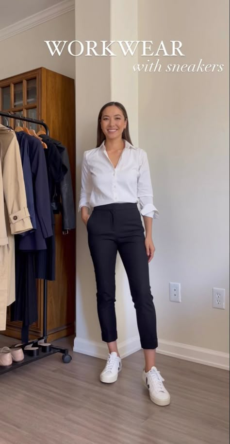 Yeezy Work Outfit, Hr Outfits Casual, How To Wear Sneakers To Work Business Casual, Business Outfits Sneakers, Outfit For Doctors Womens Fashion, Sneakers With Professional Outfit, Hight Waist Outfit, Smart Casual Women Interview, Sneakers Formal Outfit Women