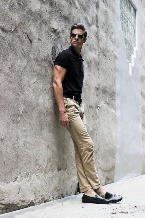 Black polo + tan chinos + black drivers Black Polo Khaki Pants Outfit Men, Men Chinos, Chinos Men Outfit, Khaki Pants Outfit, Khakis Outfit, Polo Shirt Outfits, Polo Fashion, Tan Chinos, Polo Outfit