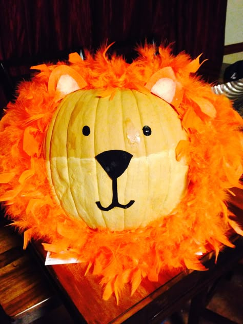 Pumpkin decorated as a lion with 2 orange boas, paint, and felt. Super easy! Lion Pumpkin Painting, Orange Pumpkin Decorating Ideas, Lion Pumpkin Decorating, Animal Pumkin Decoration Ideas, Simba Pumpkin Painting, Animal Themed Pumpkins, Animal Painted Pumpkin Ideas, Non Carved Decorated Pumpkins, Decorated Pumpkin Ideas