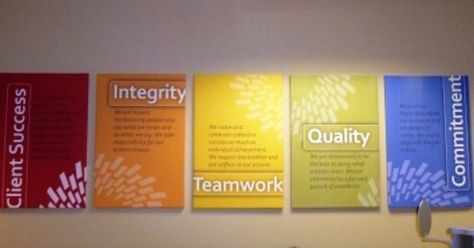 Plexiglass Core Values Sign | John N. Daniello | Company Mission ... Company History Wall, Wall Graphics Office, Values Display, Gray Interior Doors, Company Core Values, Office Wall Graphics, Office Graphics, Corporate Values, Office Wall Design