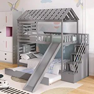 Amazon.com: Merax Twin Over Twin House Bunk Bed, Wooden Bed Frame with Trundle and Slide, Storage Staircase, Roof and Window Design, Gray : Home & Kitchen Storage Staircase, Trundle Bed With Storage, Twin House, House Bunk Bed, Bunk Bed With Slide, Wood Bunk Beds, Twin Bunk Bed, Bunk Beds With Storage, Bed With Trundle