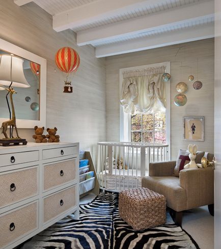 nursery. (i will pin everyone with a giraffe) World Traveler Nursery, Grey Grasscloth Wallpaper, Zebra Rug, Hot Air Balloon Nursery, Fun Nursery, Furniture Office, Grasscloth Wallpaper, Gender Neutral Nursery, Elements Of Style