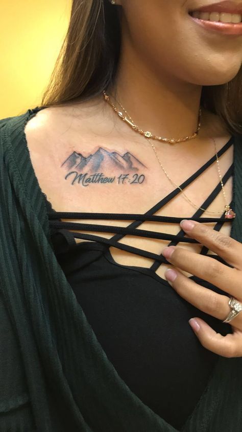 Mountain Tattoo Matthew 17:20 Small tattoo   Collar bone tattoo Mountain Tattoo Collar Bone, Collar Bone Tattoo Western, Matthew 17 20 Tattoo, Verse Tattoos, Matthew 17 20, Mountain Tattoo, Collar Bone Tattoo, Tattoo Blog, Shoulder Tattoos For Women