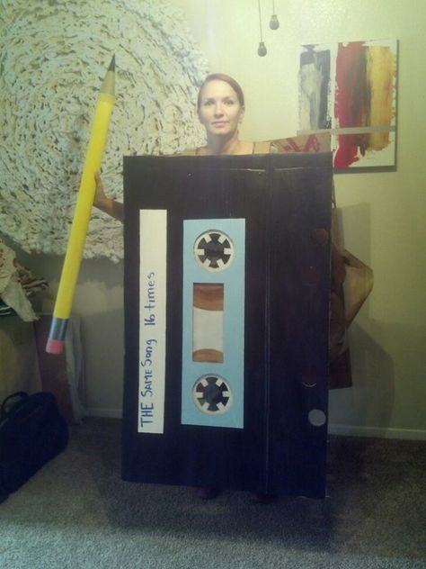 A costume I created from a discarded water heater box. #80s #tape #cassette #pencil #theme #recycled #upcycled Cassette Tape Costume, 80s Halloween, Music Themed Parties, Tape Cassette, Dollar Store Diy Organization, Diy Halloween Costumes Easy, Cricut Halloween, 90s Party, Diy Funny