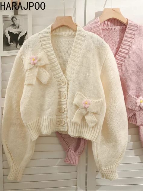 Harajuku Cardigan, Crochet Sweater Design, Cute Core, Woolen Tops, Woolen Clothes, Crochet Cardigan Pattern Free, Woman Sweater, Cute Cardigans, Easy Trendy Outfits