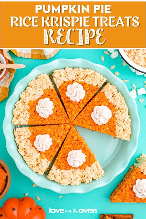 These adorable Pumpkin Pie Rice Krispie Treats are such a fun and tasty way to celebrate the start of the holiday season. Rice Crispy Pumpkins, Thanksgiving Classroom Treats, Treats For A Crowd, Thanksgiving Treats For Kids, Thanksgiving Must Haves, Fall Recipes Baking, Chocolate Covered Apples Slices, Cute Thanksgiving Desserts, Fall Bake Sale