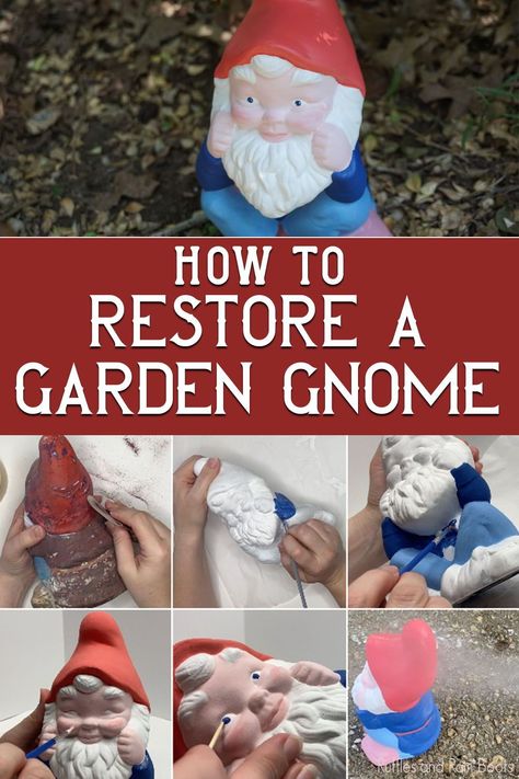 How to Restore a Garden Gnome | Follow this easy and fun tutorial and learn how to restore a garden gnome that has been weathered by time and the elements. Get the tips to create a smooth surface on which to paint, and even what to do before you get started - it will save you SO much hassle and time. Click through to get the tutorial on how to refurbish a vintage garden gnome for outdoors from Sarah with Ruffles and Rain Boots. | Follow RufflesAndRainBoots.com to see more garden gnome ideas! Ceramic Garden Gnomes Ideas, Painted Garden Gnomes, Gnome Garden Painting, Vintage Garden Gnomes, Garden Gnomes Ideas, Gnome Garden Outdoor, Outdoor Gnomes, Garden Gnomes Diy, Vintage Gnomes