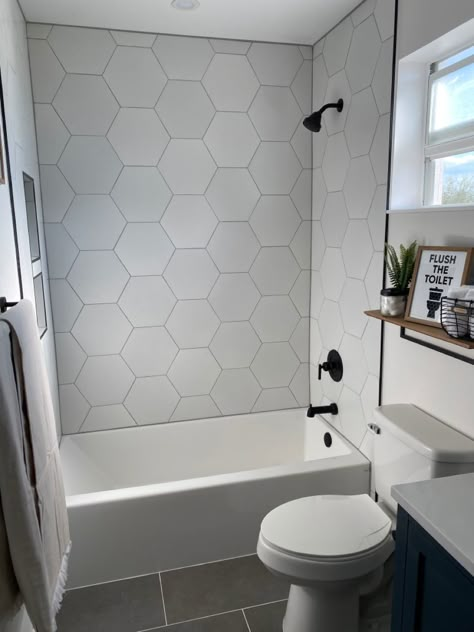 Hexagon Bathroom Shower Tile, Hex Tile Bathroom Wall, Bathroom Tiles Hexagon, Kids Bathroom Tiles Ideas, Small Hexagon Tile Bathroom Wall, Hexagon Tiles Shower Wall, Large Hexagon Tile Shower Wall, Hexagon Tile In Shower Wall, White Hexagon Tile Shower Wall