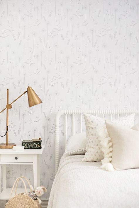 Temporary Accent Wall, Wildflower Wallpaper, Floral Wallpaper Nursery, Wallpaper Nursery, Wallpaper For Walls, How To Hang Wallpaper, Grey Nursery, How To Install Wallpaper, Diy Wallpaper