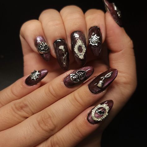 Some ghoulish nails for the fall festivities. These were so fun to make especially now that I have cat eye polish that I can use. Side note: Keep an eye out for a special charm make that I'll be posting a reel about 🎃🖤👁️🦴⚰️ Nails For The Fall, Cat Eye Polish, Fall Festivities, Fall Festival, An Eye, Cat Eye, The Fall, Festival, Nails