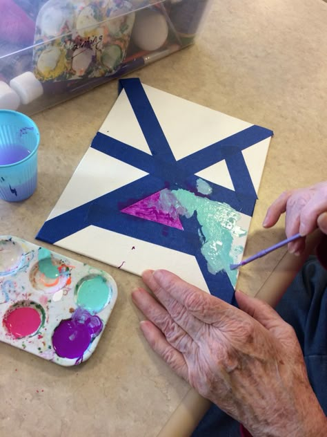 Tried this from a Pin I saw and it went well! Taped off pieces of boards and my residents painted Elderly Crafts, Nursing Home Crafts, Assisted Living Activities, Memory Care Activities, Alzheimers Activities, Nursing Home Activities, Recreation Therapy, Elderly Activities, Activity Director