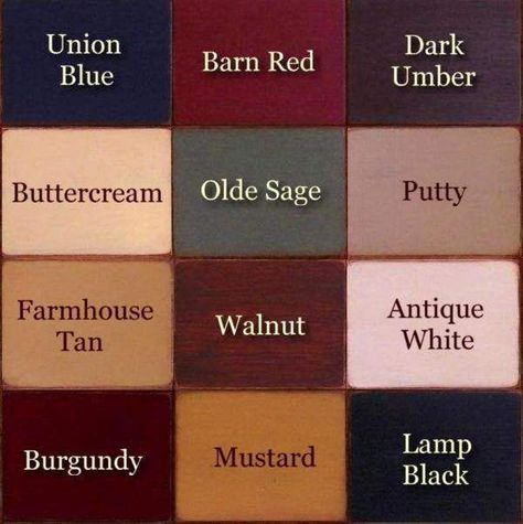 Primitive country paint color ideas;The Ultimate Guide to Primitive Country Decor (Plus 50+DIY Tutorials) Colonial Color Palette, Primitive Paint Colors, Country Paint Colors, Colonial Colors, Primitive Colors, Types Of Paint, Primitive Bathrooms, Country Colors, Farmhouse Colonial