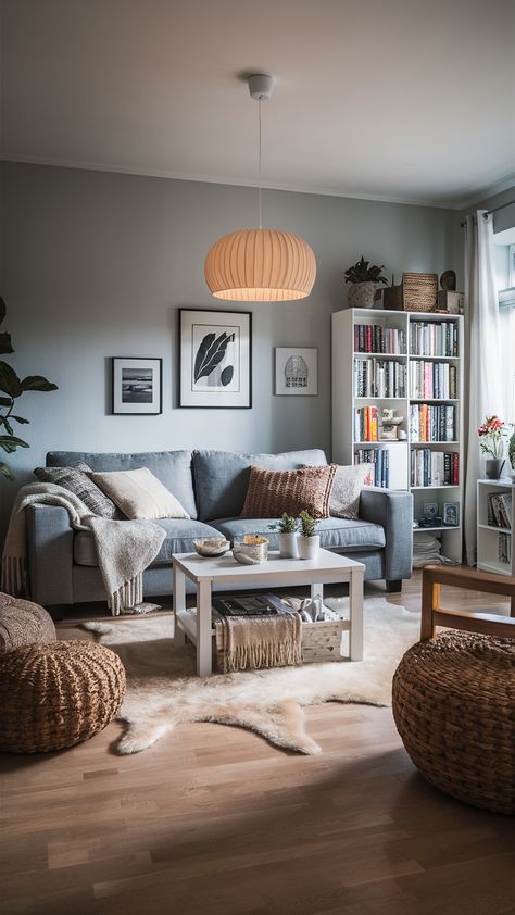 Discover the ultimate cozy living room setup featuring the iconic EKTORP sofa! Nestled against a soft light grey wall, this inviting space is adorned with plush throws and cushions, creating a warm atmosphere perfect for relaxation. The stylish LACK coffee table and BILLY bookcase complement the look, while a large RENS sheepskin rug adds a touch of personality. Soft lighting from the KNAPPA pendant lamp enhances the inviting vibe. Ready to elevate your home decor? Click through for more styling tips and ideas! #LivingRoomInspo #IKEAStyle #CozyHome Ikea Living Room Ideas Sofas, Cozy Living Room Inspiration, Sofa Ikea, Lack Coffee Table, Ikea Style, Ektorp Sofa, Ikea Living Room, Living Room Setup, Light Grey Walls