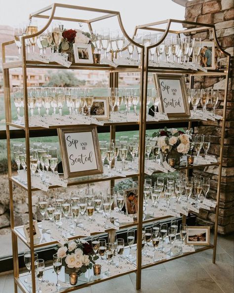 Cocktail Display Wedding, Champagne Toast Display, Champagne Shelves Wedding, Take A Sip And Find Your Seat, Champagne Shelf Display Wedding, Welcome Drink Display, Wedding Champagne Shelf, Champagne Shelves, Great Gatsby Outdoor Wedding