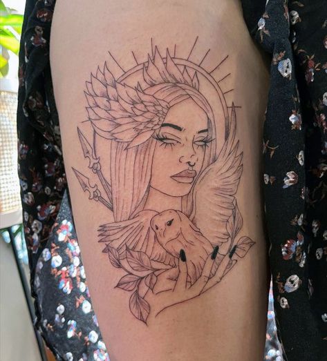 Bia Goddess Tattoo, Greek Goddess Art Drawing, Goddess Of Love Tattoo, Athena Tattoos, Greek Goddess Tattoo, Athena Tattoo, Greek God Tattoo, Goddess Design, Greek Goddess Art