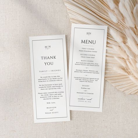 Classic Wedding Menu and Thank You Card, Thank You Napkin Note, Printable Dinner Menu, Monogram Wedding, Editable Template - EJ08 Wedding Thank You On Plate, Thank You Cards For Wedding Table, Wedding Menu And Thank You Cards, Wedding Thank You Notes, Wedding Menu Card Design, Menu Ideas Wedding, Wedding Thank You Cards Wording, Menu Cards Wedding, Note Printable